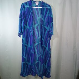 Blue Sheer Duster Cardigan Geometric Print Kimono Lightweight Cover Up size 14